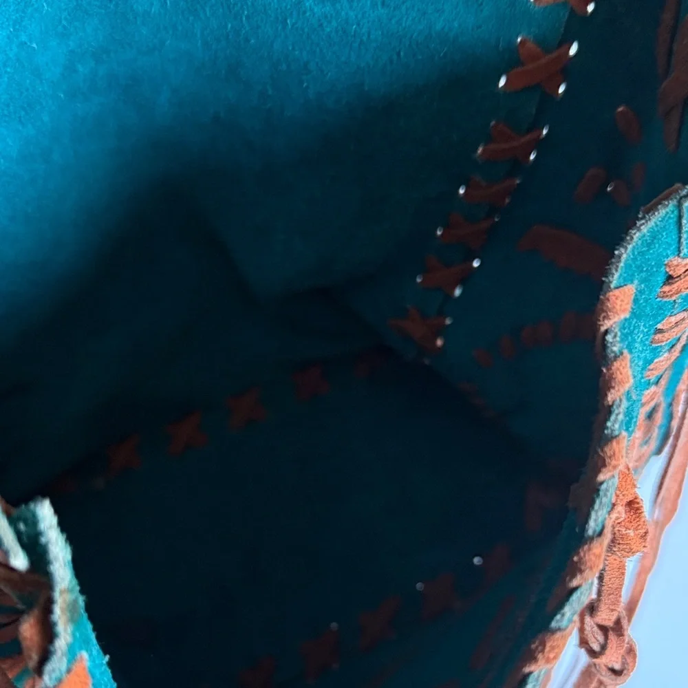 Bohemian Fringe Suede Shoulder Bag - Teal and Brown - Picture 6 of 6